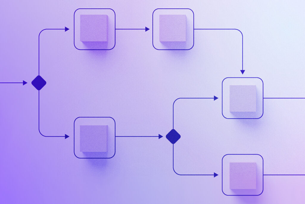 Cubes on a flowchart surface, representing decision points and pathways in complex systems.