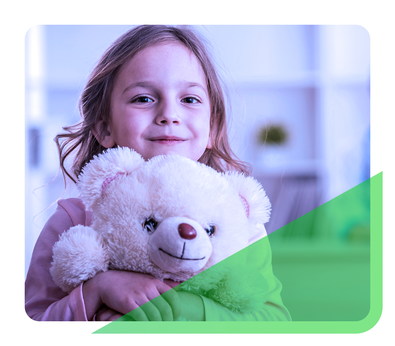 Young patient hugs her teddy bear.
