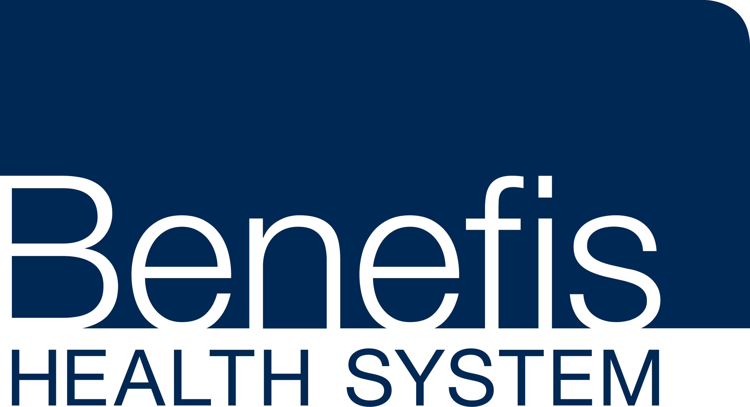 Benefis Health System logo with white text on a dark blue background.
