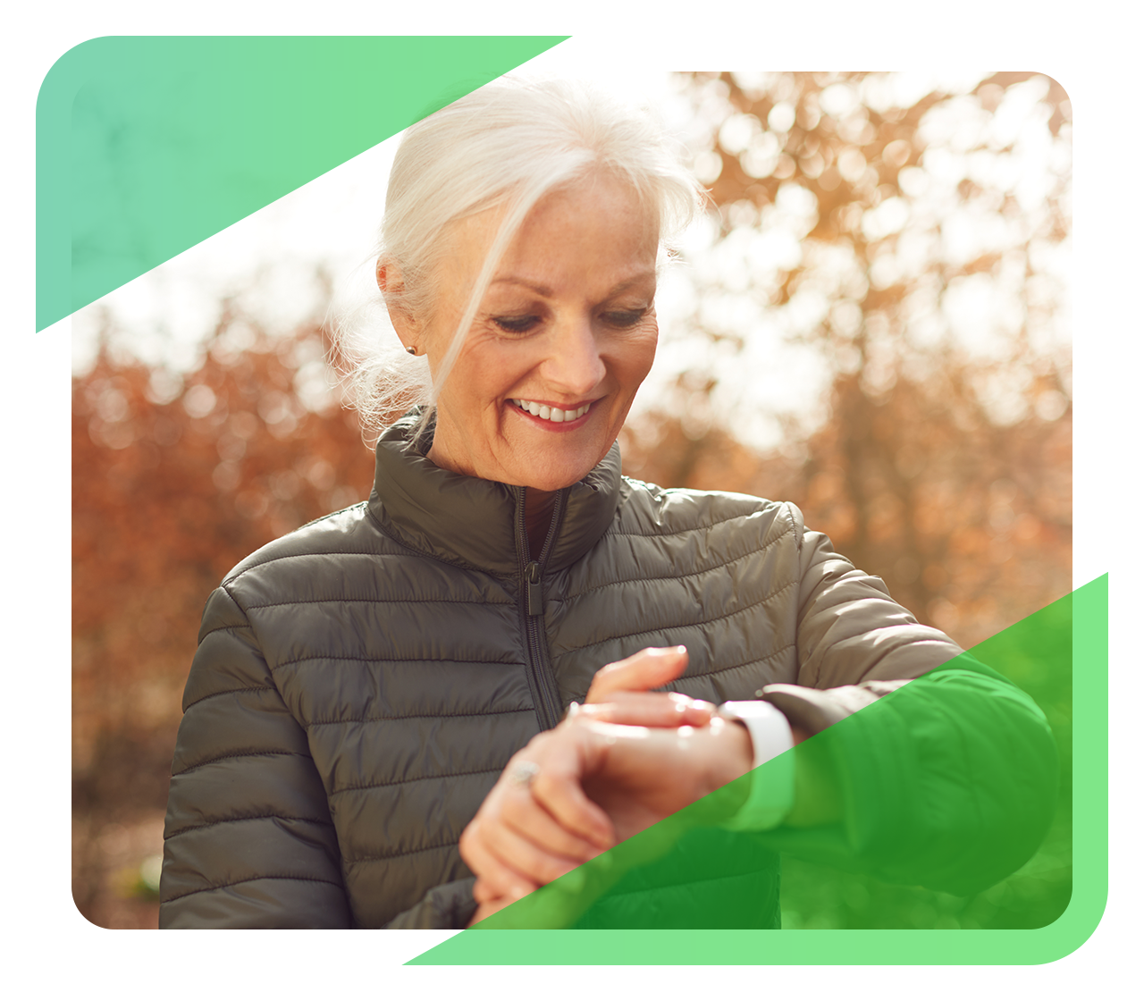 Retired woman on a walk stops to check her fitness tracker.