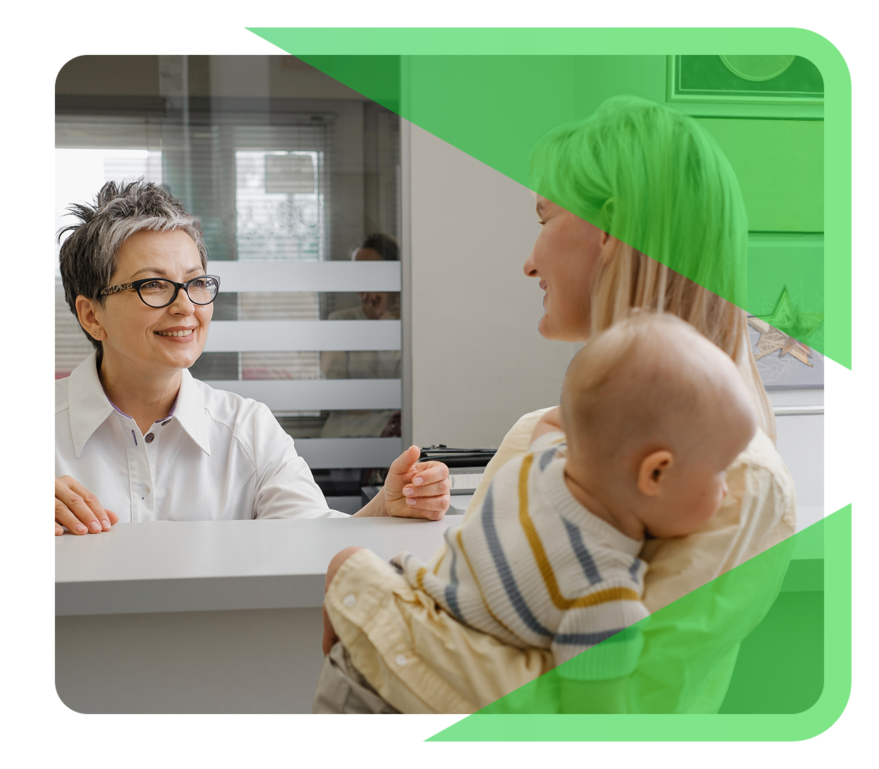 Mother and child check into an appointment with a friendly intake nurse.