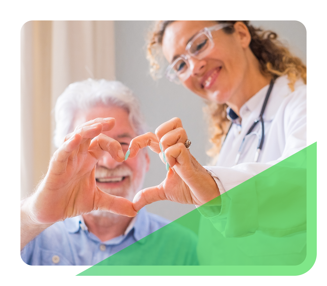 A patient and his doctor make heart hands together.