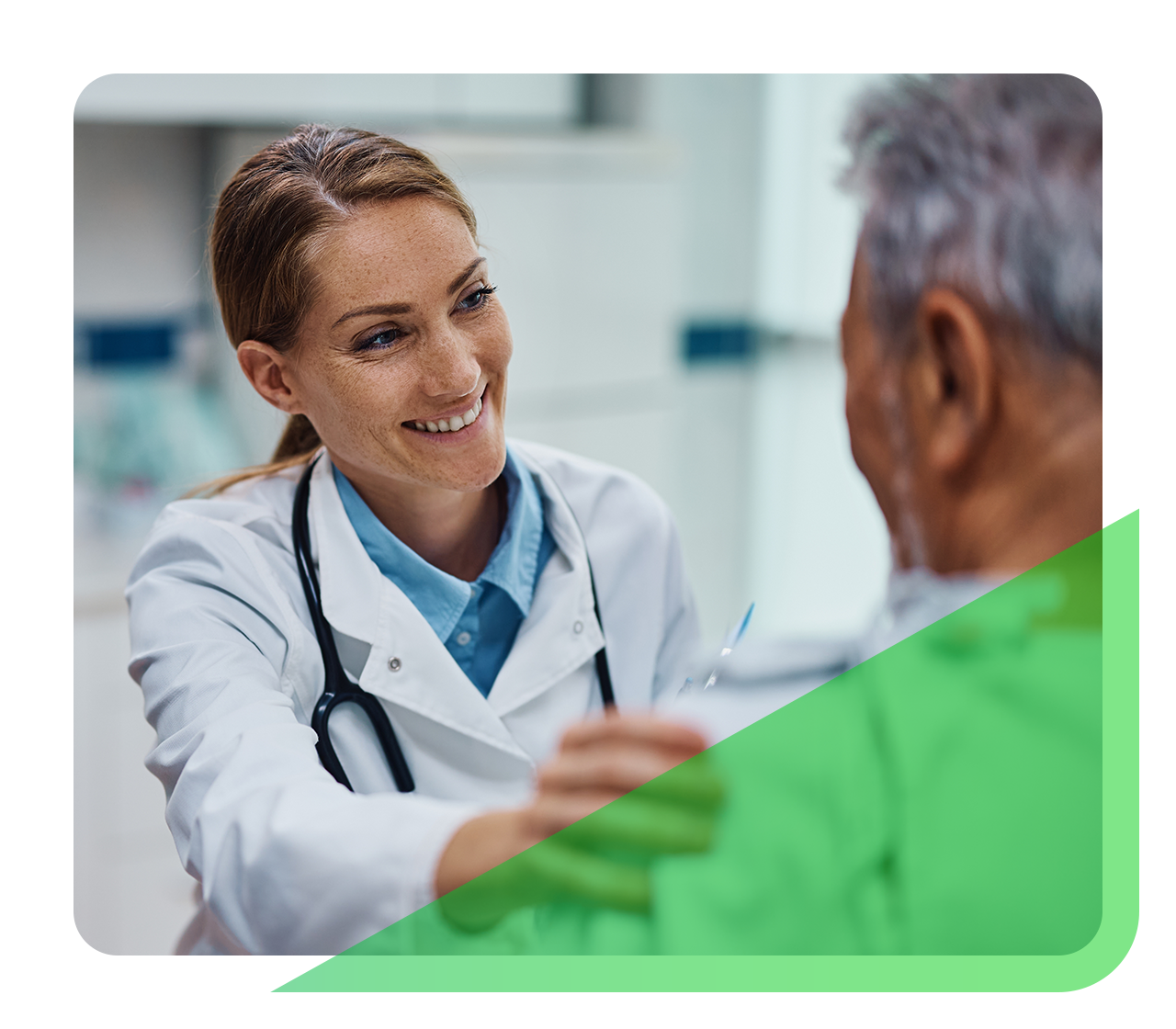 Female doctor comforts her patient as they discuss his treatment.