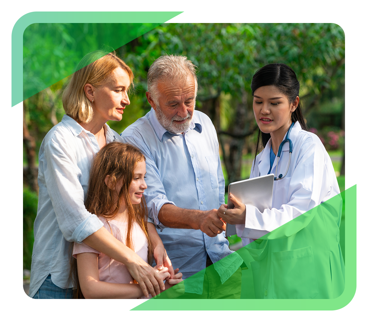 A male patient discusses test results with his doctor, his wife, and his granddaughter.