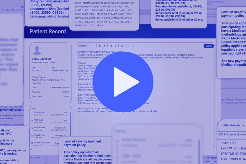 A digital screenshot of a patient record system with various medical data boxes and a large blue play button overlayed in the center, indicating a video or demo. Text and sections are visible but slightly blurred.