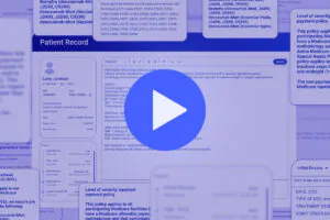 A digital screenshot of a patient record system with various medical data boxes and a large blue play button overlayed in the center, indicating a video or demo. Text and sections are visible but slightly blurred.