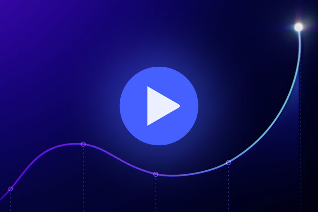 A glowing upward curve on a dark blue background, with a large play button overlay in the center, representing progress or growth in a digital or technological context.