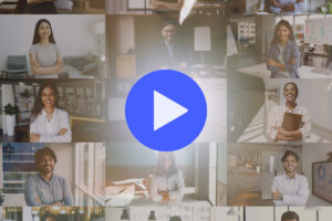 A collage of diverse people smiling with arms crossed in office settings, overlaid by a large blue play button in the center.