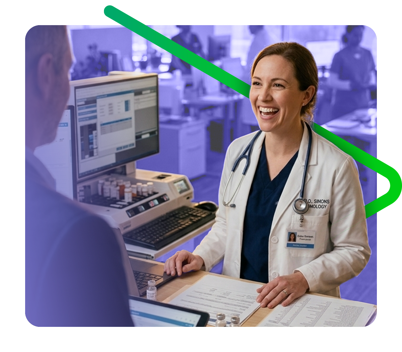A smiling doctor in a white coat speaks with a man at a desk in a medical office, discussing claims denial management amid bottles, papers, and a computer. A green line overlays the image.