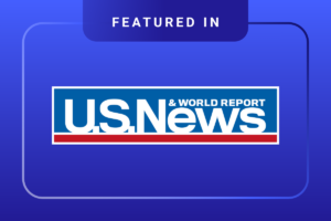 Featured in U.S. News & World Report logo on a blue background with a banner reading Featured In at the top.