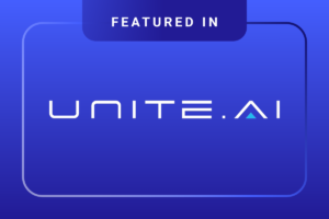 Blue graphic with the words Featured In at the top and UNITE.AI in large stylized font in the center.