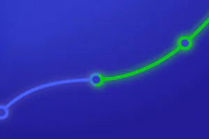 A glowing green segment with four circular nodes highlights part of a curved blue graph trend line against a dark blue gradient background.