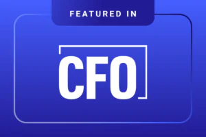 A blue graphic with the words Featured In at the top and CFO in large white letters in the center.