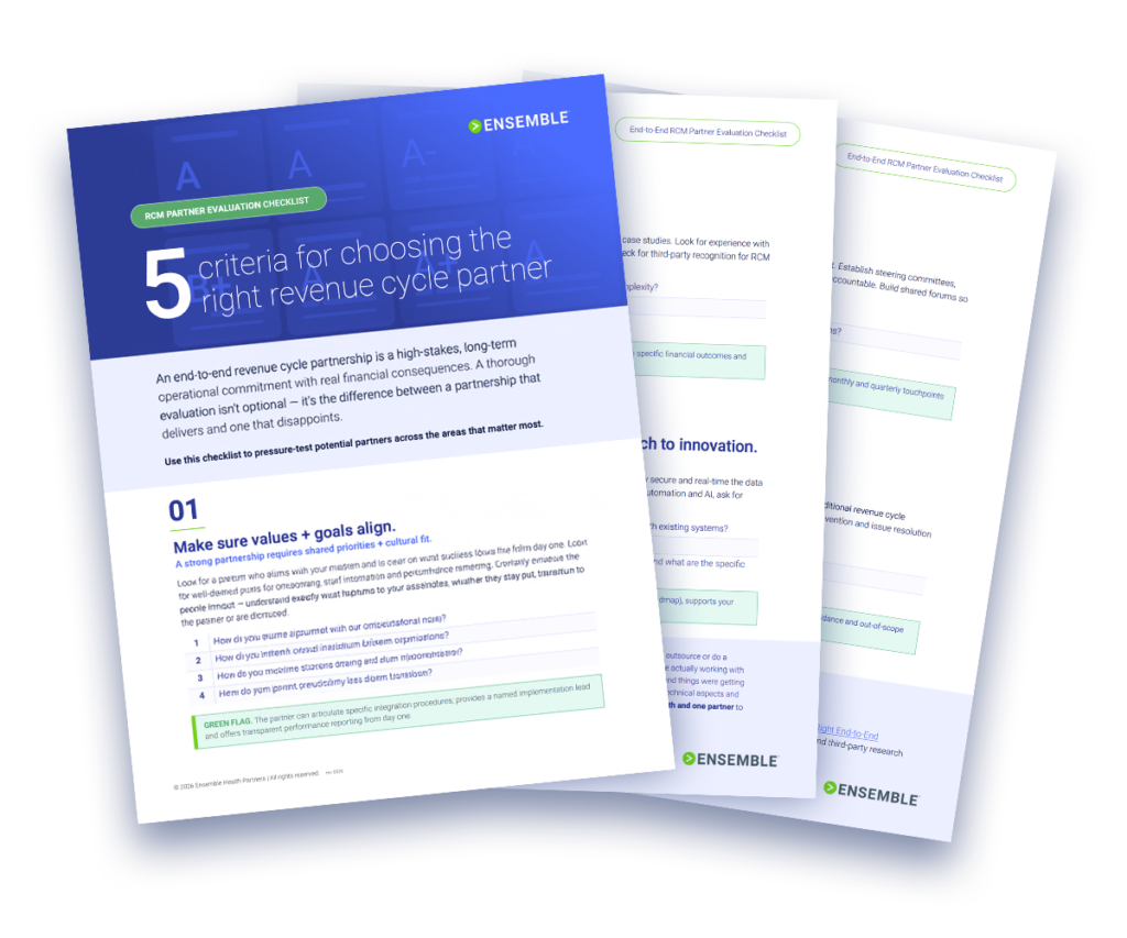 Three overlapping documents titled “5 Criteria for Choosing the Right Revenue Cycle Partner,” featuring numbered sections and blue, white, and green design elements, serve as an essential resource in the healthcare executive planning cycle playbook.
