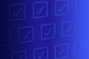 A blue background with a repeating pattern of check mark symbols inside squares, fading from dark on the left to light on the right.