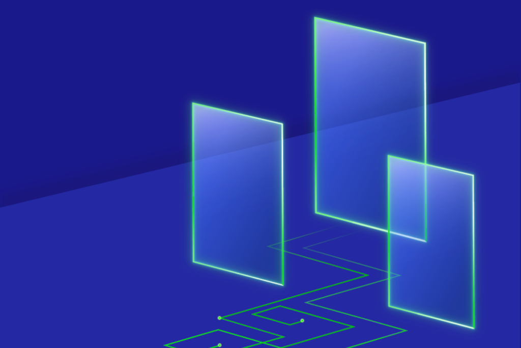 Three translucent, glowing blue rectangles stand upright on a dark blue surface, with green circuit-like lines connecting them at the base.