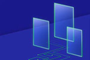 Three translucent, glowing blue rectangles stand upright on a dark blue surface, with green circuit-like lines connecting them at the base.