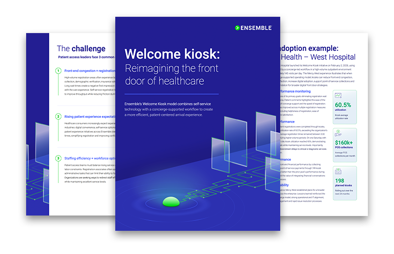 Three healthcare brochure pages; the center cover reads Welcome kiosk: Reimagining the front door of healthcare with digital kiosk icons on a blue background. Additional pages highlight text and statistics, featuring solutions such as revenue cycle outsourcing to improve operational efficiency.