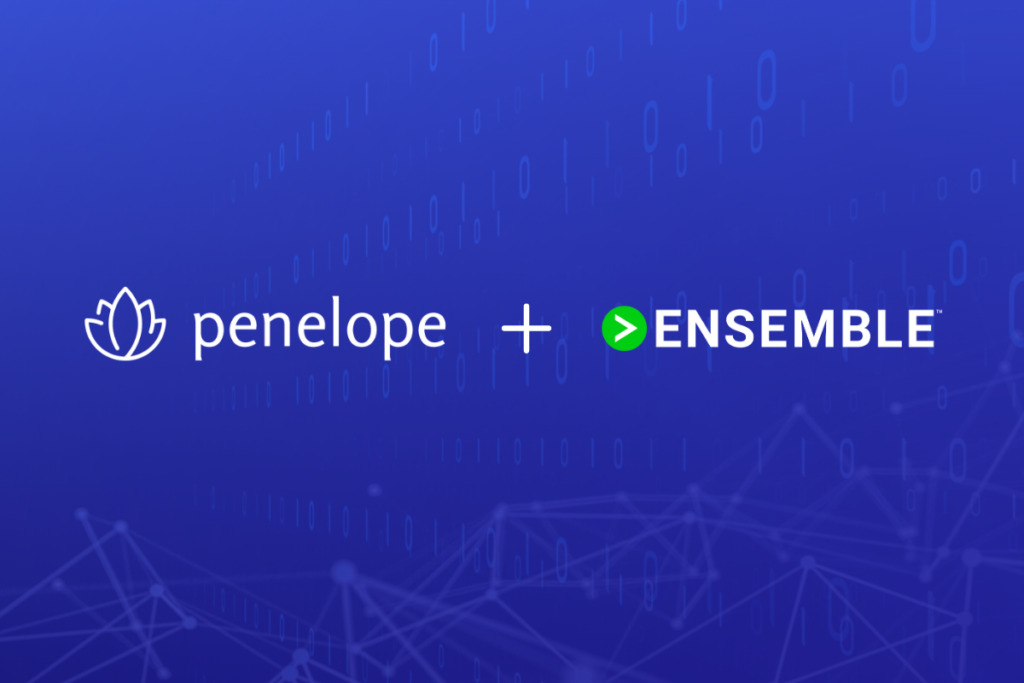 Penelope Health and Ensemble logos side by side on a blue digital background with binary code and tech-inspired lines.