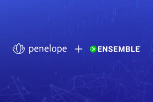 Penelope Health and Ensemble logos side by side on a blue digital background with binary code and tech-inspired lines.